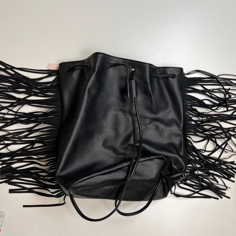 Victoria's Secret Fringe Bag Purse Backpack Black Faux Leather NEW
